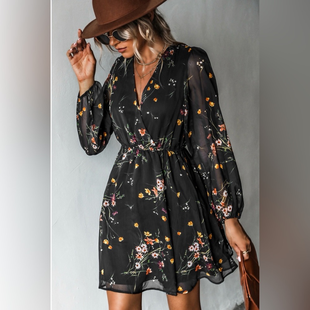 Cupshe Black Floral Long Sleeve Dress